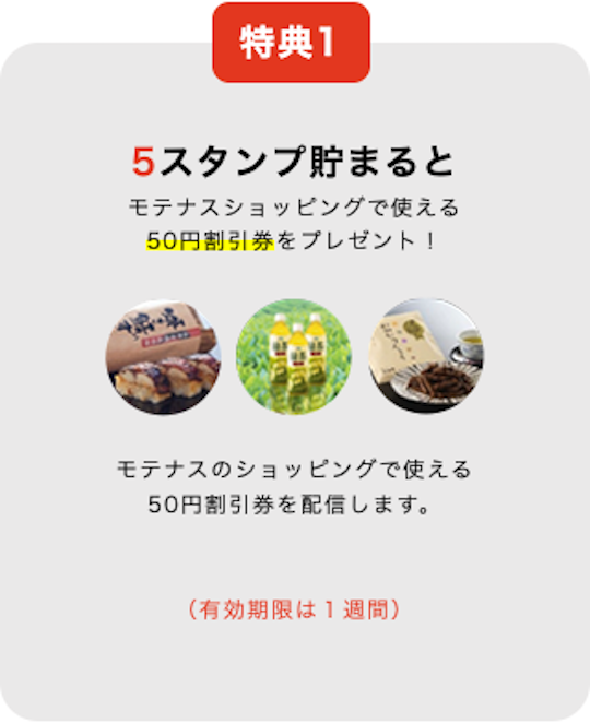特典1 5スタンプ貯まると モテナスショッピングで使える 50円割引券をプレゼント！モテナスのショッピングで使える 50円割引券を配信します。（有効期限は１週間）